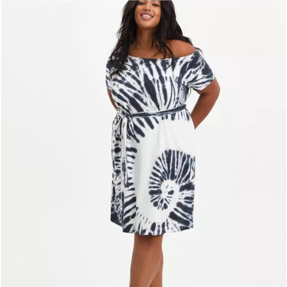 Torrid Tie Dye Off Shoulder T Shirt Dress Size 3 French Terry Navy/White Hippie - Picture 1 of 8